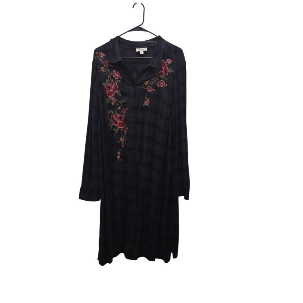 Style & Co Floral Embroidered Black Plaid Shirt Dress 2X Dark Academia Boho Midi